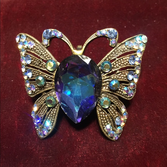 Large shiny blue crystal butterfly brooch pin back - Picture 2 of 13